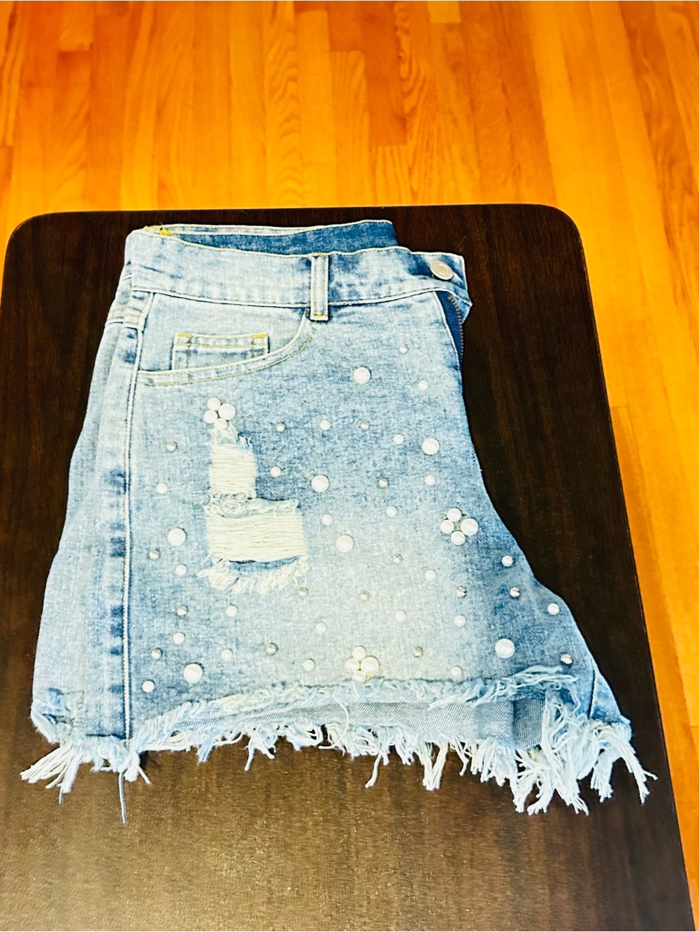 Embellished Light Wash Denim Mini Skirt